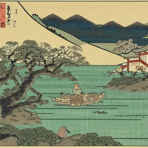 Image similar to a farm next to a lake in the style of ukiyo - e