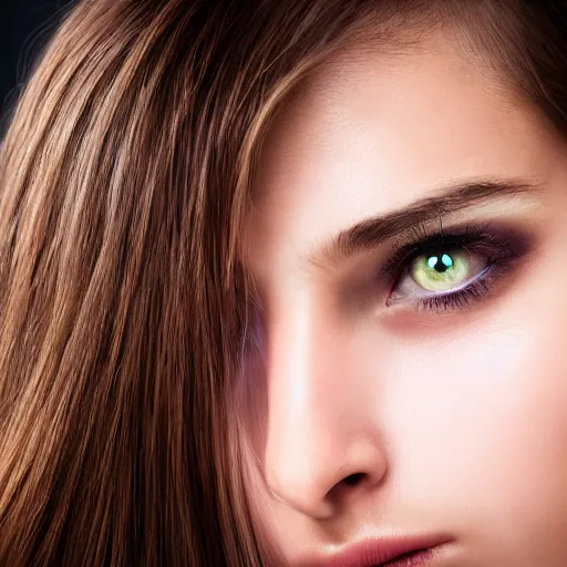 Image similar to photographic Close-up face of a extremely beautiful girl with clear eyes and light brown hair , high light on the left,non-illuminated backdrop, illuminated by a dramatic light, Low key lighting, light dark, High constrast, dramatic , flash studio, norman rockwell, craig mulins ,dark background, high quality,photo-realistic, 8K,-H 704