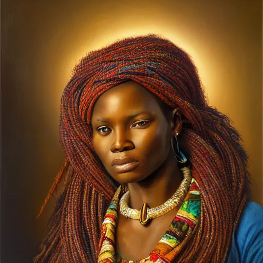 Prompt: portrait of a bantu woman ( 3 5 ) from tanzania, an oil painting by ross tran and thomas kincade