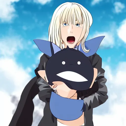 Prompt: a blonde-girl-in-a-black-hoodie holding a blue-shark-plush, anime style