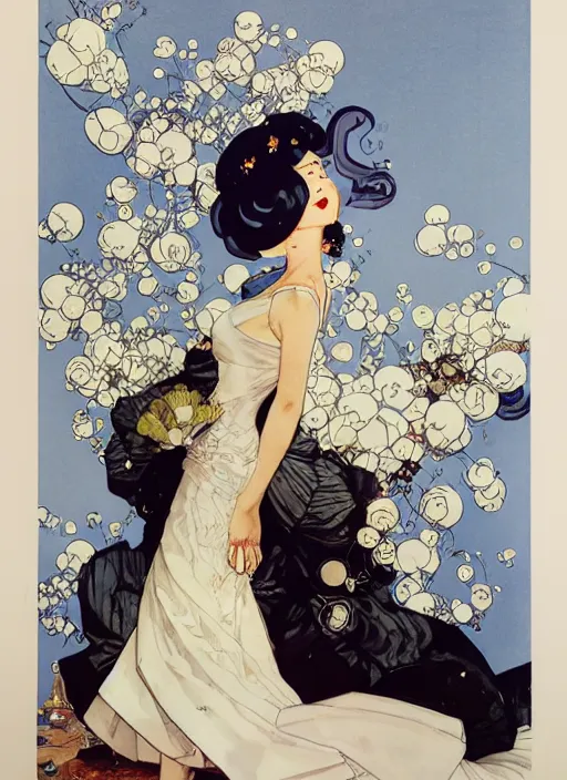 Prompt: a low angle copic maker art nouveau portrait of nobara kugisaki detailed features wearing a puffy futuristic wedding dress designed by balenciaga by john berkey, norman rockwell akihiko yoshida