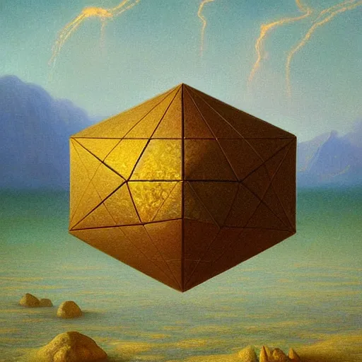 Image similar to a highly detailed oil painting of an icosahedron floating above a lake, Agostino Arrivabene