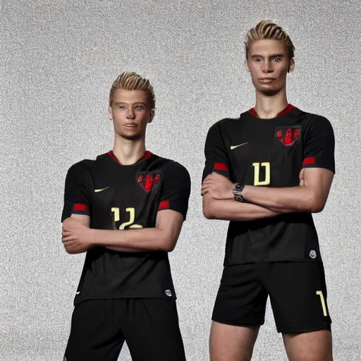 Image similar to a realistic detailed photo of a guy who is an attractive humanoid who is half robot and half humanoid, who is a male android, soccer player frenkie de jong, shiny skin, posing like a statue, blank stare, in a living room, on display, showing off his muscles, with a twin