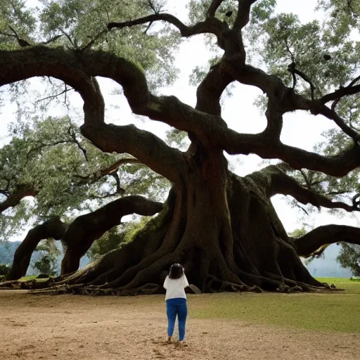 Image similar to oak tree as big as a building with people among the roots