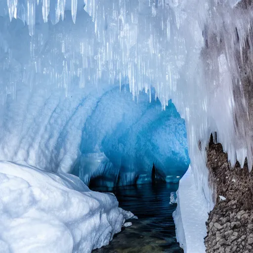 Image similar to narrow ice cave with low ceiling and narrow rough river running through it, surreal,