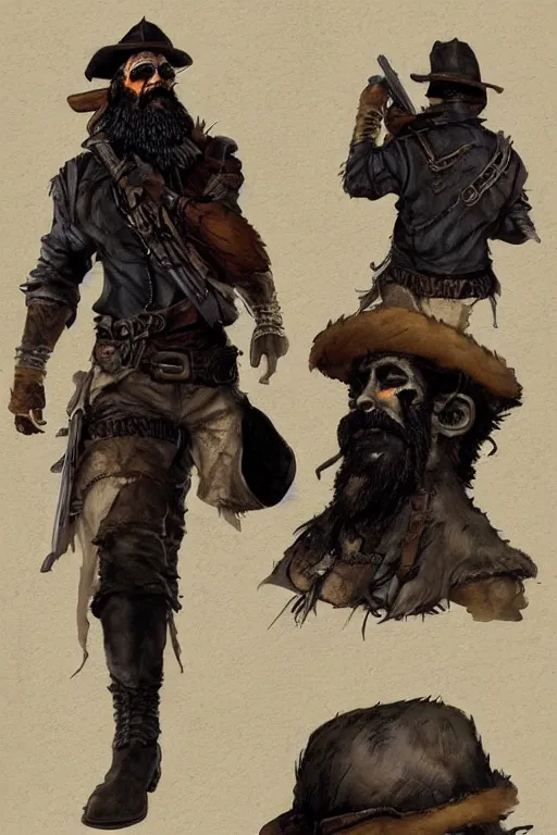 Image similar to character design, reference sheet, 40's adventurer, black beard, stained dirty clothing, straw hat, heavy boots, leather bomber jacket, detailed, concept art, , art by Frank Frazetta