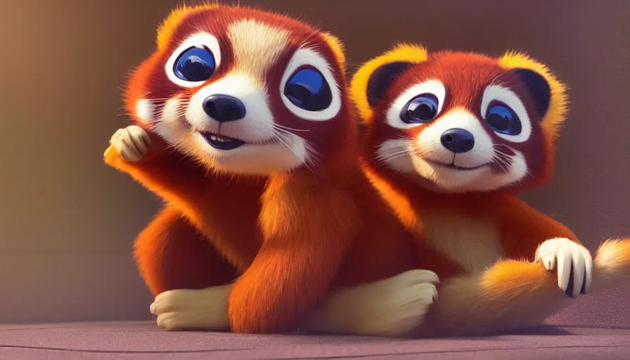 Image similar to very very very cute red pandas by Max Kostenko and Bobby Chiu, disney, pixar, MPC, Framestore, character design for animation, uplight, a lineup of characters, big disney eyes, symmetrical eyes, cuteness, 3d render, octane rendered, rendered by maya and houdini, highly detailed, unreal engine, Trending on Artstation, octane render, 4k, 8k, HD, oil on Canvas by Elena Zhurikhina and Goro Fujita and Charlie Bowater