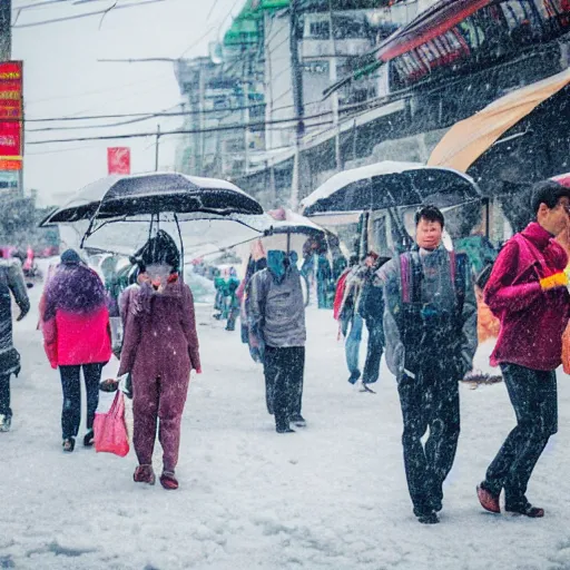 Image similar to photo of people on the snowy Bangkok streets, high details, 70mm