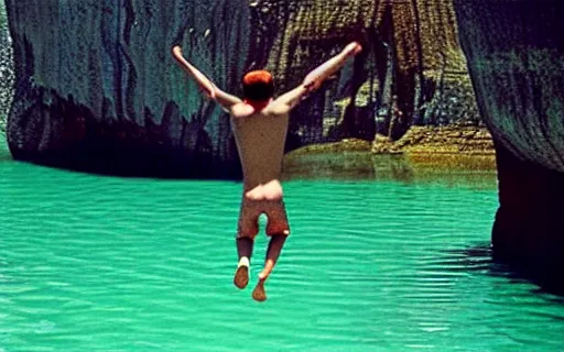 Prompt: a cliff jumping into waters that are a portal to a different dimension, film still by Wes Anderson