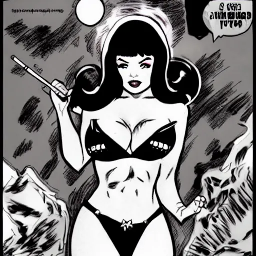 Image similar to bettie page in a vampirella micro bikini in the style of guido crepax