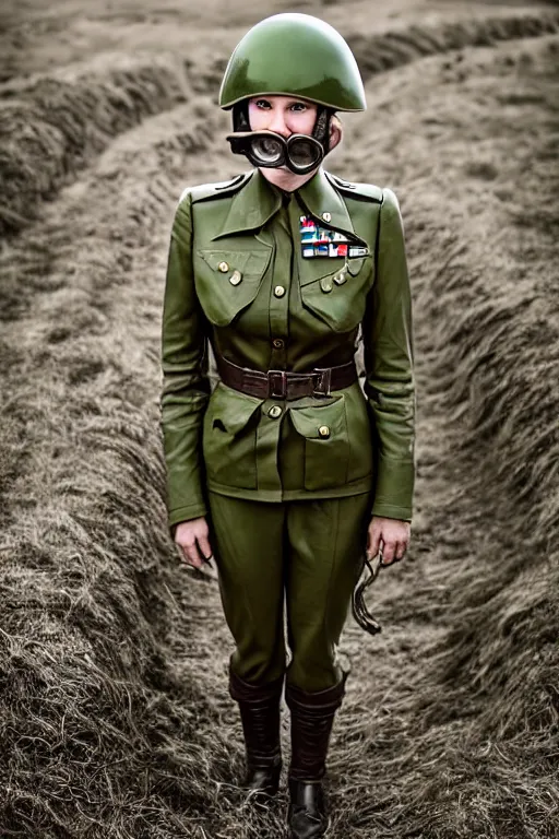 Image similar to 5 0 mm f 8 full body portrait photography of a retro future wwii airborne infantry soldier riding a futuristic motorcycle who's a mix of claire danes and liv ullmann with green eyes and very long striped hair, wearing an aaf wwii leather flying helmet and goggles, with green eyes, smirking, setting is wwii trenches, by jovana rikalo