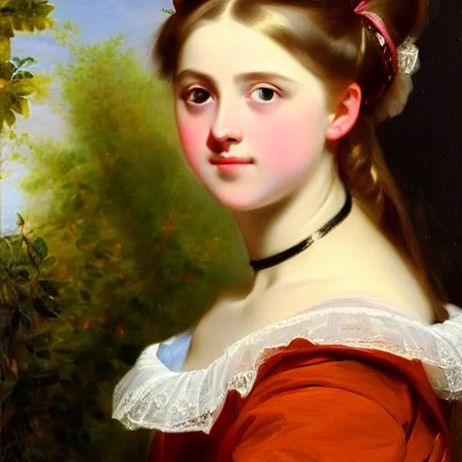 Image similar to portrait of a german teenage princess, circa 1 8 5 0 by franz xaver winterhalter, highly detailed, beautiful, oil on canvas, 1 8 5 0 s, romanticism