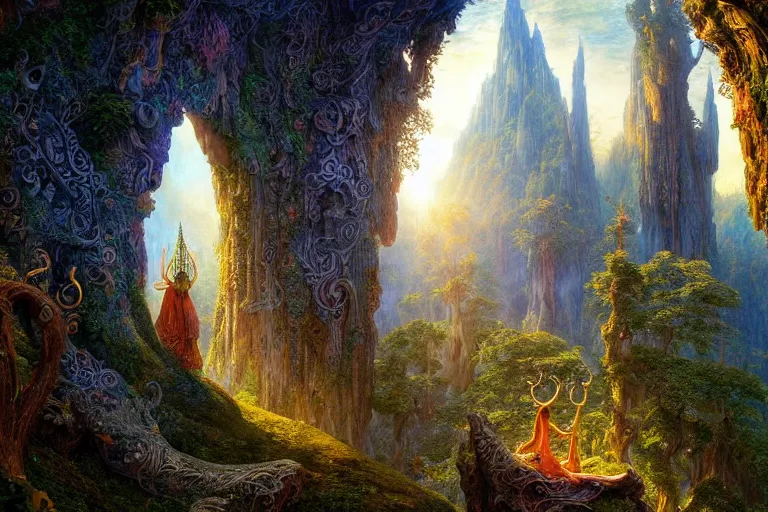 Prompt: a beautiful and highly detailed digital painting of a beautiful elven monument in the mystical mountains, psychedelic patterns, intricate details, epic scale, 8 k, sharp focus, photorealism, artstation, cgsociety, by caspar friedrich, albert bierstadt, james gurney, brian froud,