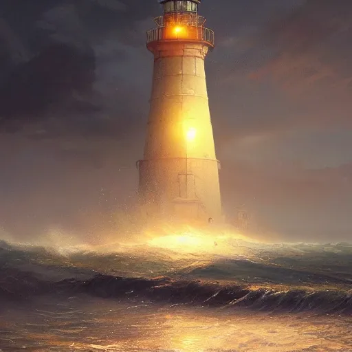 Prompt: A beautiful painting of a singular lighthouse, shining its light across a tumultuous sea of blood by greg rutkowski and thomas kinkade, Trending on artstation