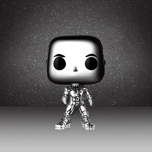 Image similar to metal chrome funko pop with neon lighting