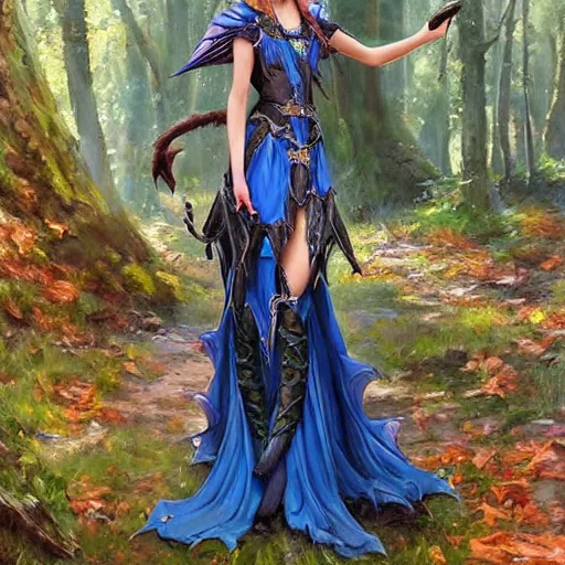 Prompt: Gothic elf princess in blue dragon armor on a misterious forest by Konstantin Razumov H 960