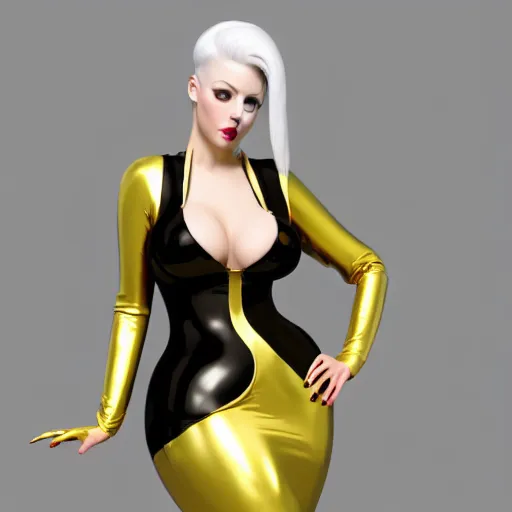 Image similar to curvy feminine hot goth cutie in a sublime elegant polished white latex neck-high gown with golden trim and latex leggings, thin waist, cgsociety, photorealistic, comfy ambience, idealistic, 16k, smooth, sharp focus, trending on ArtStation, volumetric lighting, fully clothed, worksafe