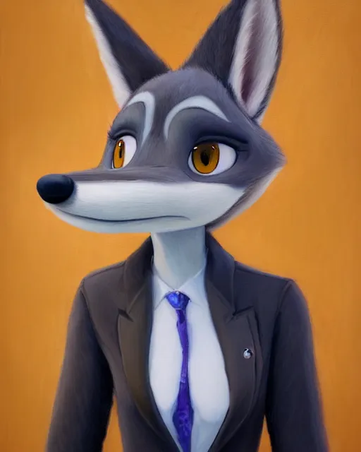 Image similar to beautiful oil painting of anthromorphic female wolf, in style of zootopia, zootopia, zootopia, fursona, furry, furaffinity, 4 k, deviantart, furry art, fursona art, wearing black business suit, business suit, in style of zootopia, wolf fursona, cyberpunk, female, very very expressive detailed feminine face,