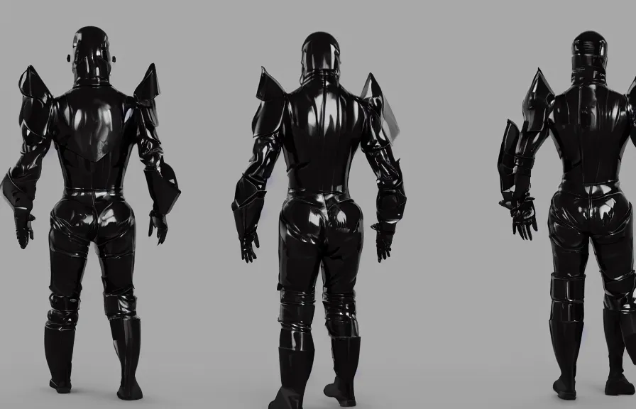 Prompt: futuristic warrior with black latex, with his back to the viewer, futuristic latex armor, back light, full body view, 8 k, 3 d render, cinematic lighting