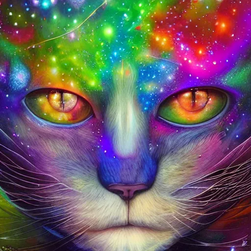 Image similar to a galaxy colored psychedelic chakra awakening kundalini ethereal portrait of a cat, eternal blessing, multiverse, by android jones, by ben ridgeway, visionary art, by artgerm, featured on artstation, cgsociety, by greg rutkowski