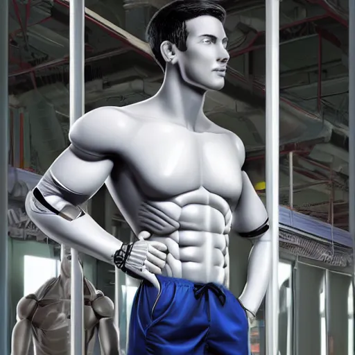 Image similar to a realistic detailed photo of a guy who is an attractive humanoid who is half robot and half humanoid, who is a male android, attractive and handsome jogger, shiny skin, posing like a statue, blank stare, in a factory, on display, showing off his muscles, wearing gym shorts, side view, looking at each other mindlessly