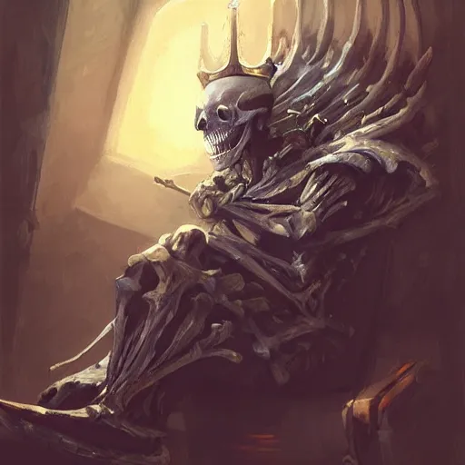 Image similar to Skeleton King resting on his throne, oil painting, by Fernanda Suarez and Greg Rutkowski