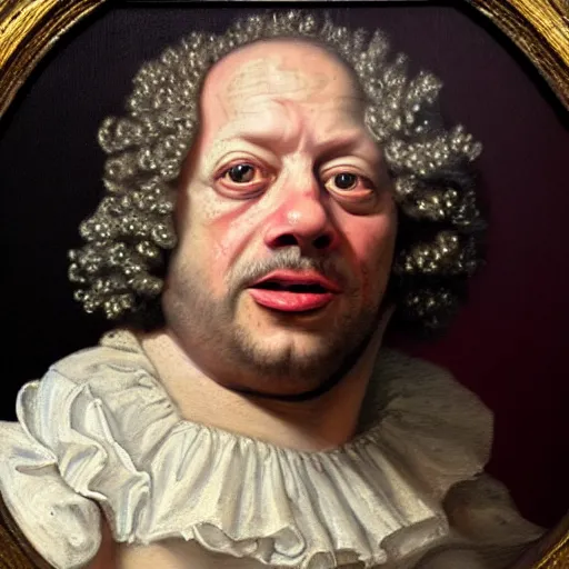 Image similar to A 17th century Baroque Painting of Gene Ween, grainy, realistic, hyperrealistic, very realistic, very very realistic, highly detailed, very detailed, extremely detailed, detailed, digital art, trending on artstation, detailed face, very detailed face, very detailed face, realism, HD Quality, 8k resolution, intricate details, body and head in frame, painting, oil painting, trending on deviantart, Baroque Painting