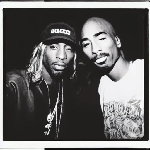 Image similar to Polaroid photograph of Kurt Cobain and Tupac Shakur in a club, blurry, XF IQ4, 150MP, 50mm, F1.4, ISO 200, 1/160s, natural light, Adobe Lightroom, photolab, Affinity Photo, PhotoDirector 365,