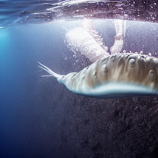 Prompt: real footage of a colossal squid in the ocean abyss, underwater photography, realistic, 8K, national geographic