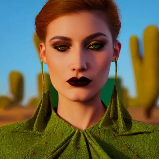 Prompt: innovative avant-garde art, deco fashion, attractive women, wearing green, highly detailed, photorealistic portrait, serene desert setting, golden hour, crisp quality and light reflections, unreal engine 5 quality render