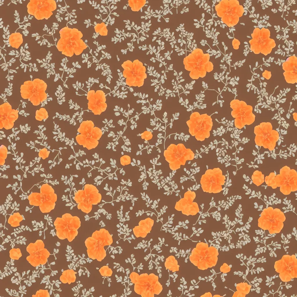 Prompt: repeating fabric pattern, minimalistic, fussy cut, miniature tiny orange and peach color flowers, brown vines and leaves