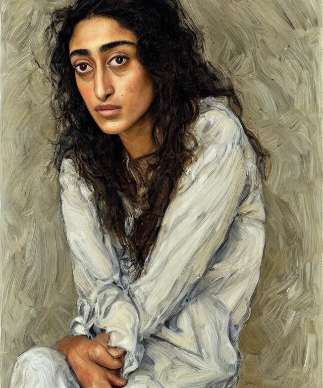 Image similar to realistic portrait of golshifteh farahani, painted by lucian freud, high quality, high detail