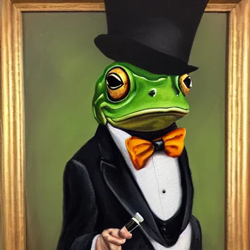 Image similar to a frog in a tuxedo with a top hat smoking a pipe, oil painting, portrait