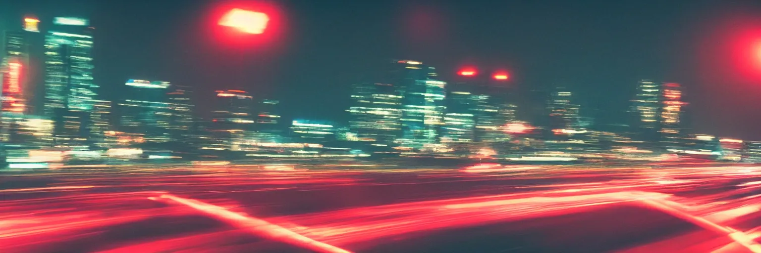 Image similar to 8 0 s neon movie still, high speed car chase on the highway with city in background, slow shutter speed, medium format color photography, movie directed by kar wai wong, hyperrealistic, photorealistic, high definition, highly detailed, tehnicolor, anamorphic lens