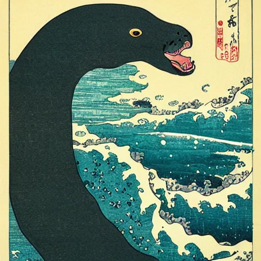 Prompt: insane screaming sea lion painted by hokusai
