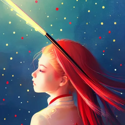 Image similar to colorful and festive captivating teenager girl with blonde hair, red japanese traditional clothes, shooting a firework with bow and arrow at the sky. rich vivid colors, ambient lighting, dynamic lighting, 4 k, atmospheric lighting, painted, intricate, highly detailed by charlie bowater