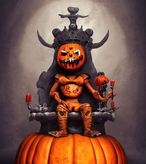 Image similar to a creative monster with a pumpkin head wearing a king's robe, sitting on a stone throne, john loren and tim burton illustration, creepy carved expression, darksiders theme, orange mystery lighting, 4 k artstation, masterpiece