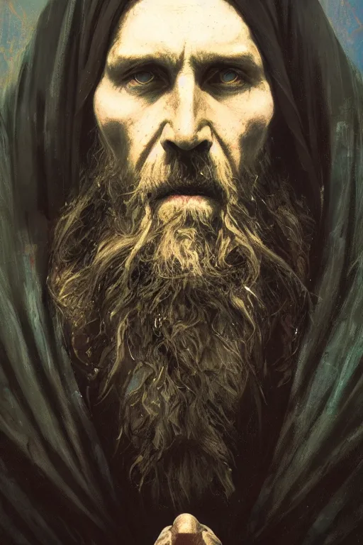 Image similar to grigori rasputin in a religious pose hyperrealistic portrait, bladerunner street, art of elysium by jeremy mann and alphonse mucha and greg rutkowski, fantasy art, photo realistic, dynamic lighting, artstation, poster, volumetric lighting, very detailed face, 4 k, award winning