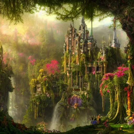 Image similar to a beautiful and highly detailed matte painting of a beautiful sprawling palace in a magical fantasy forest garden, psychedelic flowers and trees, colorful vegetation, epic scale, insanely complex, hyperdetailed, sharp focus, hyperrealism, artstation, cgsociety, 8 k, bright colors, by caspar friedrich, albert bierstadt, james gurney, brian froud,