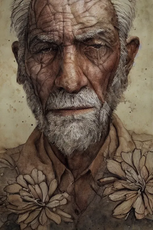 Image similar to portrait of a old man with aquarelle painted skin. close up, very dark brown hair, light eyes, intricate dark flowers pattern background, high detail, by Eddie Mendoza