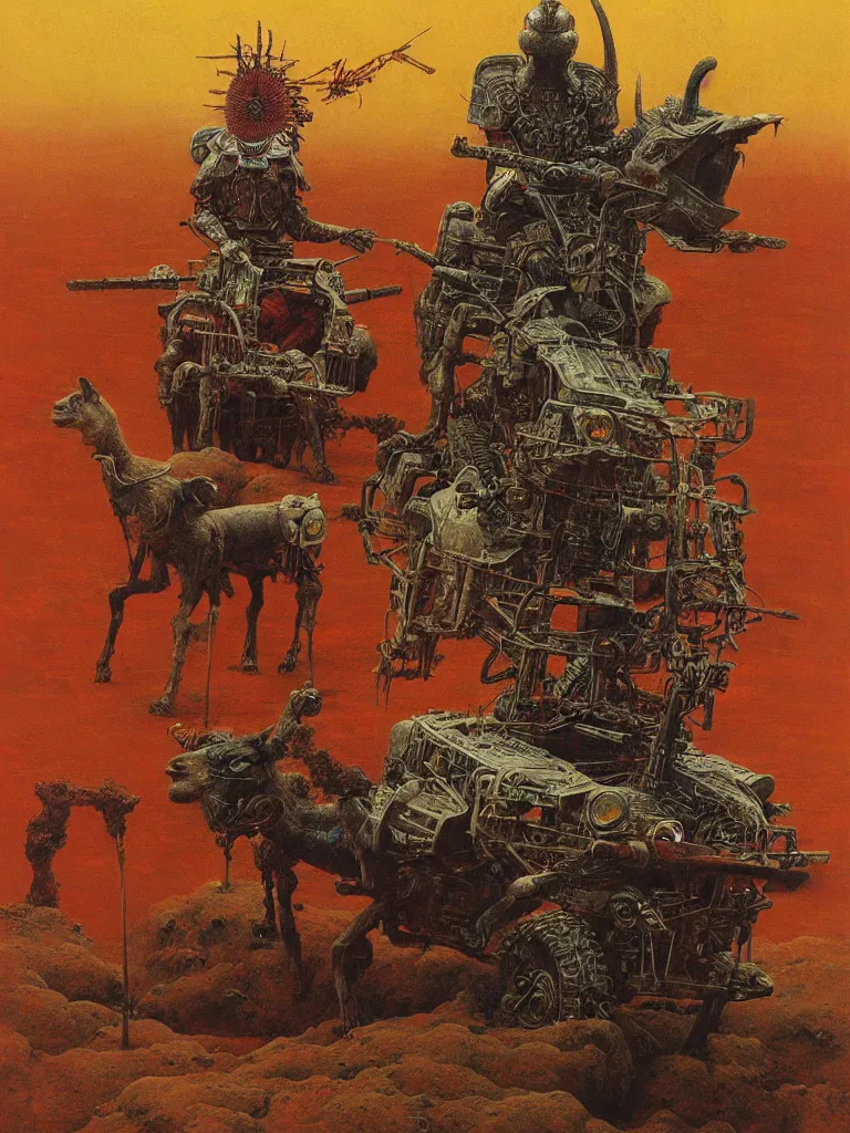 Prompt: epic llama wizard riding futuristic quadbike through the gates of hell, wearing samurai armour, and firing missiles, highly detailed beksinski painting