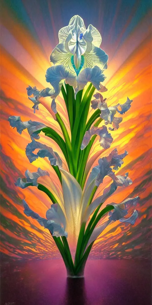 Image similar to detailed giant white holographic orchid iris hybrid flower, lsd water, lsd ripples, droplets, backlit, sunset, refracted lighting, art by collier, albert aublet, krenz cushart, artem demura, alphonse mucha