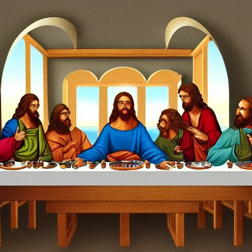 Prompt: Christ's last supper painting in style of Futurama. Very very beautiful digital art, intricate stunning texture and details, fine detailed face. Trending on artstation. Dramatic lighting