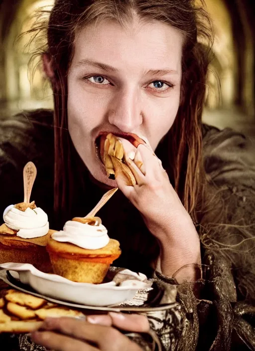 Image similar to closeup portrait of a medieval goblin eating cakes in the abbey, depth of field, zeiss lens, detailed, symmetrical, centered, fashion photoshoot, by annie leibovitz and steve mccurry, david lazar, jimmy nelsson, breathtaking, 8 k resolution, extremely detailed, beautiful, establishing shot, artistic, hyperrealistic, beautiful face, octane render