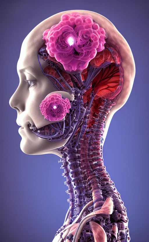 Prompt: 3D render of a beautiful profile face portrait of a female cyborg, 150 mm, flowers, Mandelbrot fractal, anatomical, flesh, facial muscles, wires, microchip, veins, arteries, full frame, microscopic, elegant, highly detailed, flesh ornate, elegant, high fashion, rim light, octane render in the style of H.R. Giger and Bouguereau