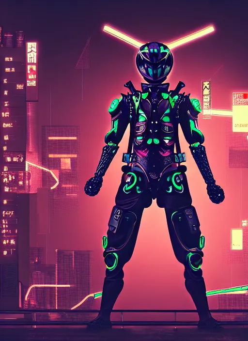Prompt: kamen rider action pose, human structure insects concept art, full body hero, intricate detail, art and illustration by irakli nadar and kim hyung tae and alexandre ferra, global illumination, on tokyo cyberpunk night rooftop