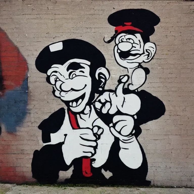 Image similar to Street-art portrait of Popeye the Sailor in style Banksy, photorealism