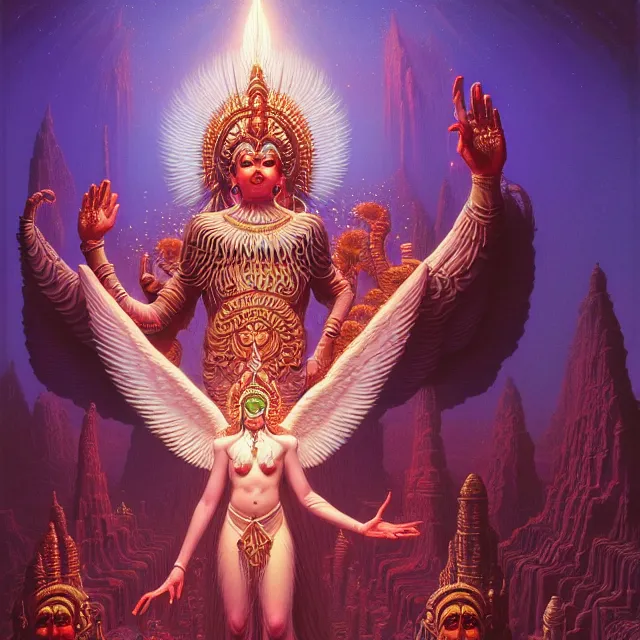 Prompt: ethereal glowing white hindu angel dmt deity, tribal tech repeating patterns, tim hildebrandt, wayne barlowe, bruce pennington, donato giancola, trending on artstation, cinematic composition, beautiful lighting, hyper detailed, 8 k, oil on canvas