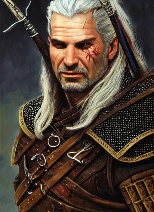 Image similar to a realistic fantasy portrait painting of a male witcher, ultra detailed, art by ralph horsley, swanland, sabbas