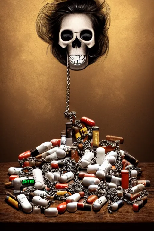 Image similar to beutifull and very tired womanlooking pile Off pills, drugs, cigarrette boxes on wooden table, skull made out of smoke coming out of pills, fantasy, intricate, elegant, highly detailed, digital painting, artstation, concept art, addiction, chains, smooth, sharp focus, illustration, art by Ilja Repin